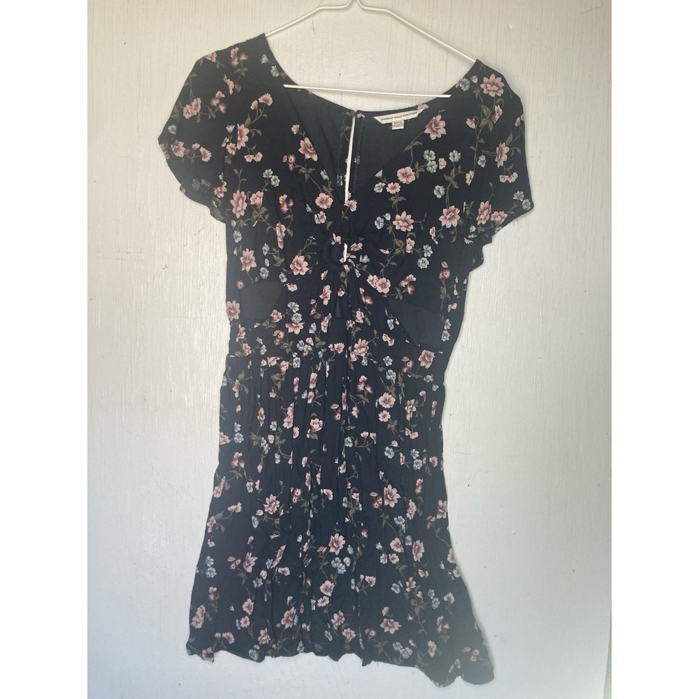 American Eagle Outfitters Women's Black Floral Twist Keyhole Knee Length Dress S